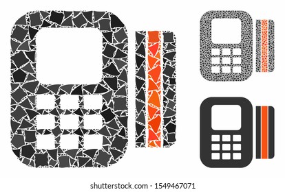 Card processor mosaic of unequal pieces in different sizes and color tones, based on card processor icon. Vector irregular dots are united into mosaic.
