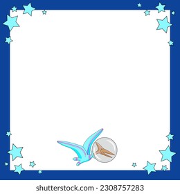 Card with pterodactylus in space suit and stars on white background with blue frame. Copy space. Vector illustration for invitations, book cover, poster.