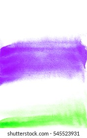Card with purple and green blots. Watercolor painting for design. Abstract bright textured backdrop. Postcard, banner, logo, invitation. Hand paint isolated on white background. Vector illustration. 