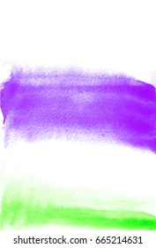 Card with purple and green blots. Watercolor painting for design. Abstract bright textured backdrop. Postcard, banner, logo, invitation. Hand paint isolated on white background. Vector illustration. 