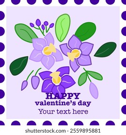 Valentine’s card of purple orchids with customized blessing text