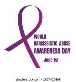 Card purple ribbon and text World Narcissistic Abuse Awareness Day isolated on white background. An event for people affected by narcissistic violence and to prevent further victims.