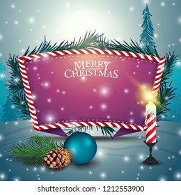 Card with purple text template, candle and Christmas tree