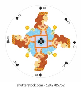 Card queen of clubs with a portrait of a woman in the round shape.