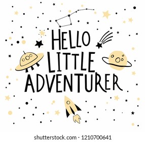 Card with quote, alien spaceship and rocket