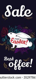 Card with Rabbit with butterfly, flowers, leafs. Easter sale banner