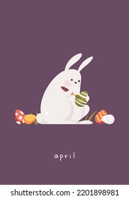 Card with rabbit. Cute bunny coloring easter eggs. Month April. Happy Easter. Hand drawn flat vector illustration.