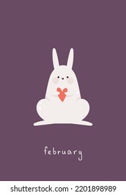 Card with rabbit. Cute bunny holding a heart. Happy Valentine's Day. Month February. Hand drawn flat vector illustration.