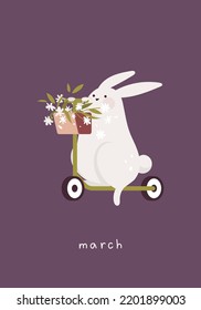 Card with rabbit. Cute bunny rides a scooter with flowers in a basket. Month March. Hand drawn flat vector illustration.