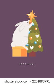 Tarjeta con conejo. Cute el conejo de la caja con juguetes y decora el árbol de Navidad. Mes de diciembre, Feliz Navidad y Feliz Año Nuevo 2023. Ilustración vectorial plana dibujada a mano.