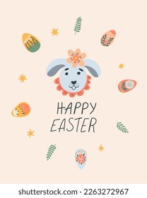 Card with rabbit, eggs and flowers for Easter. Hand drawn vector illustration in cute advent, greeting card, banner, t shirt, print, decoration and more. 