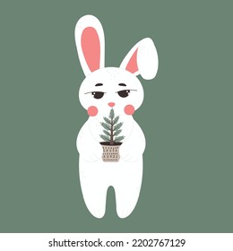 Card with rabbit. Month December, Merry Christmas and Happy New Year 2023. Hand drawn flat vector illustration. Cute rabbit with a green Christmas tree.