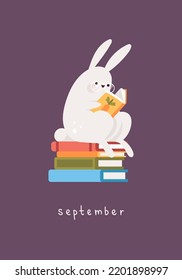 Card with rabbit with round glasses. Cute bunny sitting on books and reading. Month September. Hand drawn flat vector illustration.