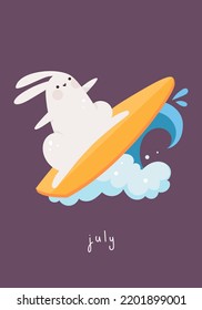 Tarjeta con surf en conejo. Un conejito lindo nadando con una tabla en la gran ola. Mes de julio, vacaciones de verano. Ilustración vectorial plana dibujada a mano.