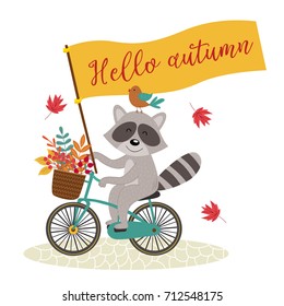 card raccoon rides bicycle with autumn leaves - vector illustration, eps