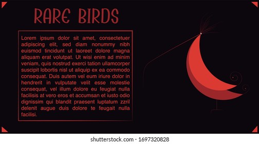Card of a rare bird with a long beak stylized with reddish tones. Modern and flat style.