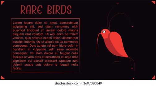 Card of a rare bird with a long beak stylized with reddish tones. Modern and flat style.