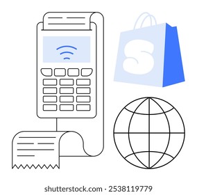 Card reader with paper receipt, shopping bag, and globe. Ideal for digital payment, retail, shopping, e-commerce, and global transactions. Clean lines and simple colours convey modern and efficient