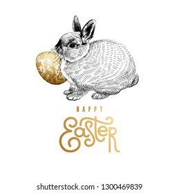 Card with realistic Easter eggs, cute Easter bunny and inscription "Happy Easter". Marble patterns. Gold foil and black on white background. Vector illustration art. Religious festive story.