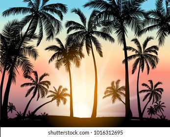Card with realistic palm trees silhouette on tropical grunge sunset beach background. 