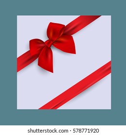 Card with realistic red bow. Template for greeting card for Valentine day  Christmas, New Year, birthday and anniversary. Vector illustration.