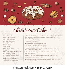 Card Recipe For A Traditional Christmas Cake With Candied Fruit And Nuts, Sprinkled With Powdered Sugar. Decor From Candied Fruits And Spices