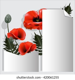Card for records with red flowers. Vector illustration.