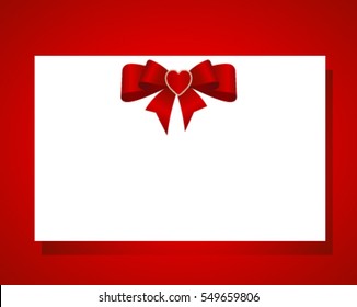 Card with red bow, has space for text on background. Vector image.