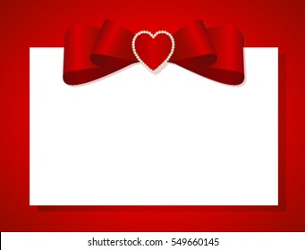 Card with red bow, has space for text on background. Vector image.