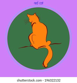 Card with red cat waiting and text on a green background.Handmade.