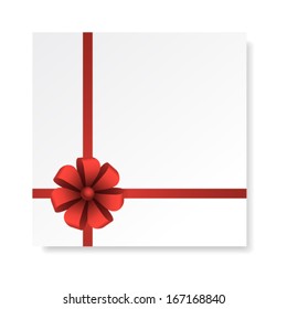 Card with red gift bow with ribbons, vector