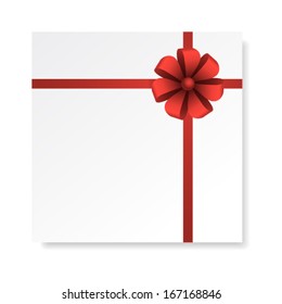 Card with red gift bow with ribbons, vector