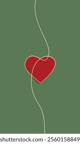 Card with red heart and gracefully curved one thin line in symbol of love on green background, Vector illustration