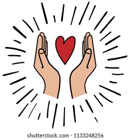 Card with Red Heart in Hands. Vector Illustration. Doodle Graphic Style. White Background. Decorative Design for Gifts,  Banners, Cards, Charity, Friendship.