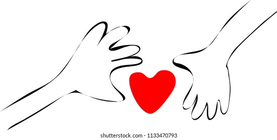 Card with Red Heart in Hands. Vector Illustration. Doodle Graphic Style. White Background. Decorative Design for Gifts, Banners, Cards, Charity, Friendship.