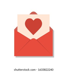 card with red heart shape in opened envelope, valentine's day or dating icon