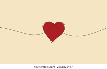 Card with red heart, Symbol of love is created by one thin line crossed in the middle and gracefully curved, Vector illustration