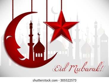 Card with red moon and star on white for greeting with Islamic holidays Ramadan, Eid al-Fitr, Eid al-Adha. Vector illustration