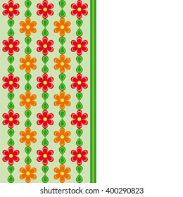 Card with red and orange flowers and green leaves spring effect   