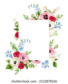 Card with red, pink, blue, and white poppy, bluebell, lilac, and lily-of-the-valley flowers. Vector greeting or invitation card design