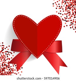 Card with red ribbon and bow. Vector illustration.