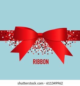 Card with red ribbon and bow. Vector illustration.