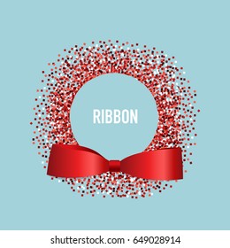 Card with red ribbon and bow. Vector illustration.
