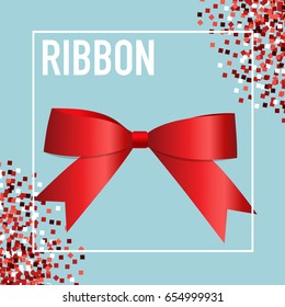Card with red ribbon and bow. Vector illustration.