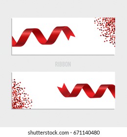 Card with red ribbon and bow. Vector illustration.