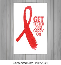 Card with red ribbon, symbol of the AIDS HIV in a watercolor style. Vector.