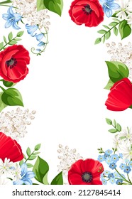 Card with red, white, and blue poppy, bluebell, forget-me-not, and lilac flowers. Vector greeting or invitation card design