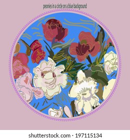 Card with red and white peonies and text in a circle on a pink background.Handmade.