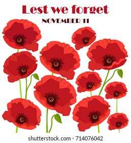  Card of Remembrance Day November 11 with poppies. Vector illustration.