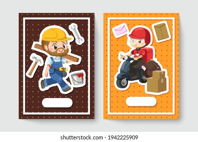 card of repairman with tools and delivery man or postman riding motorcycle in cartoon character, isolated flat vector illustration